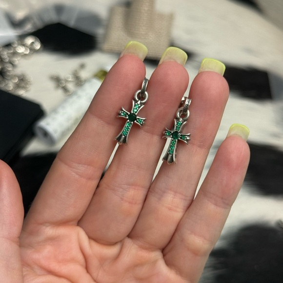 2002 Chrome Hearts Sterling silver Cross Stud dangle earrings Pave Green stone